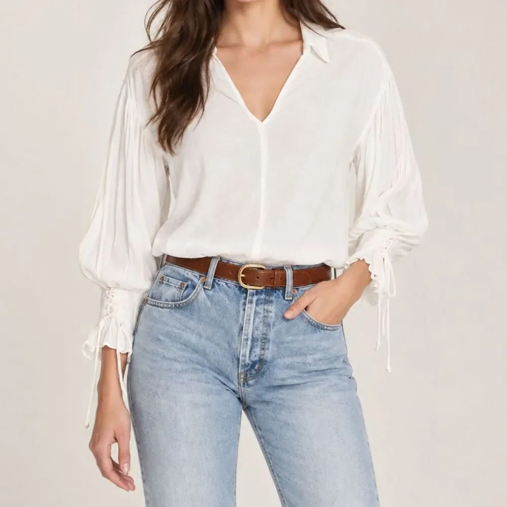 Zara White Blouse Medium Puff Sleeve Tie Cuff V Neck Top